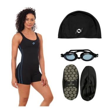 Imagem de Kit Macaquinho Óculos UV Natação Touca Tecido + Sapatilha Antiderrapante (Sapatilha Preto P, P)