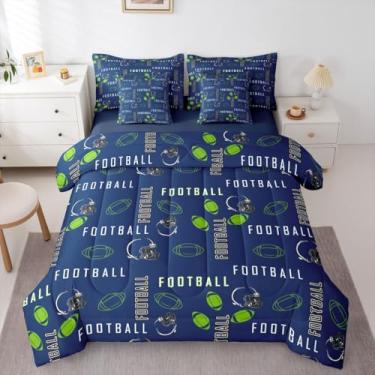 Imagem de jejeloiu Jogo de cama de futebol americano, tamanho solteiro, Seattle com lençol de 7 peças, azul, verde, respirável, macio, rúgbi, esportivo, decoração de quarto