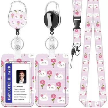 Imagem de Cordão rosa fofo de gato para crachás de identificação, porta-crachá floral de gato com clipe retrátil, etiqueta de nome de cartão de identificação, protetor de cartão de identificação vertical para