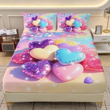 Imagem de AILONEN Jogo de lençol solteiro de coração arco-íris com 2 fronhas, 3 peças, para crianças, adolescentes, meninas, jogo de cama kawaii para decoração de casa