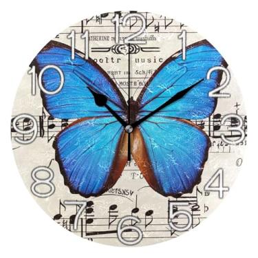 Imagem de GAIGEO Relógio de parede analógico decorativo operado por bateria relógio de cozinha de escritório, decoração de parede de casa de fazenda moderna, estética musical borboleta azul, 25 cm, ponteiros
