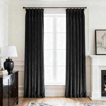 Imagem de Cortinas plissadas de veludo preto com 274 cm de comprimento para sala de estar, isolamento térmico, luxuoso, moderno, elegante, plissado, drapeado, até o chão, teto, cortina blackout de veludo de 2,5