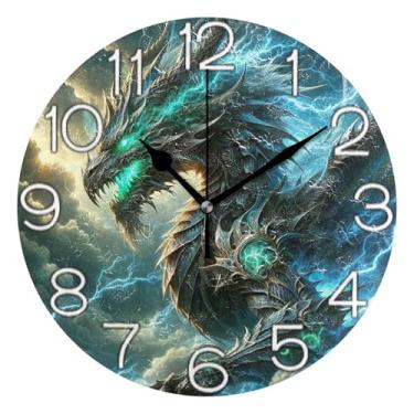 Imagem de GAIGEO Relógio de parede decorativo analógico operado por bateria relógio de cozinha rústico, decoração de parede vintage, sala de estar, iluminação de dragão legal, 25 cm, ponteiros dourados