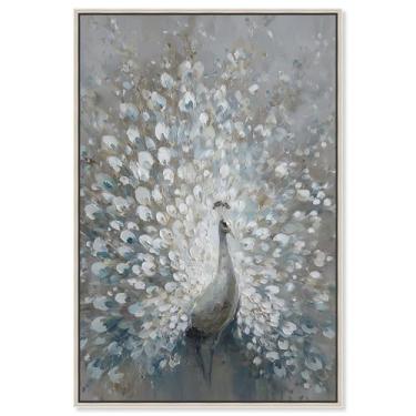 Imagem de Decoração de parede vintage com estampa de pavão branco I da Art Remedy, moldura prateada, 25 x 38 cm