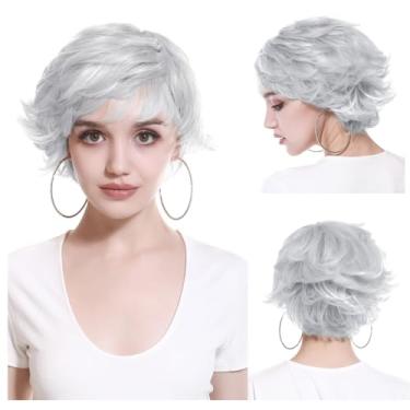 Imagem de Perucas Curtas Curtas Femininas Sintéticas Corte Pixie Bob Peruca com Franjas Falsas Camadas Desgrenhadas Peruca para Mulheres Cinza Prateado