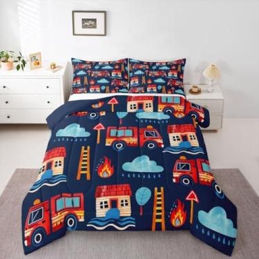 Imagem de jejeloiu Conjunto de edredom solteiro de caminhão de bombeiros, para crianças, meninos, meninas, carro, edredom para decoração de quarto, microfibra, 2 peças com 1 fronha