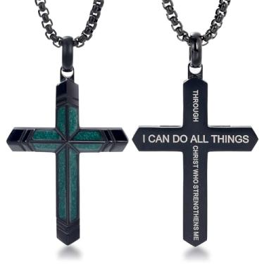 Imagem de GTMJ Colar de cruz masculino turquesa/malaquita/preto e dourado com pingente de cruz de proteção religiosa, joias presentes para mulheres, Medium, Aço inoxidável, Malaquita