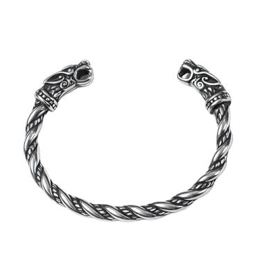 Imagem de Pulseira Viking para homens, pulseira vintage prata aberta torcida, anéis de braço odin nórdico ajustável com design de cabeça de lobo, joias de guerreiro medieval, acessórios viking para decoração de