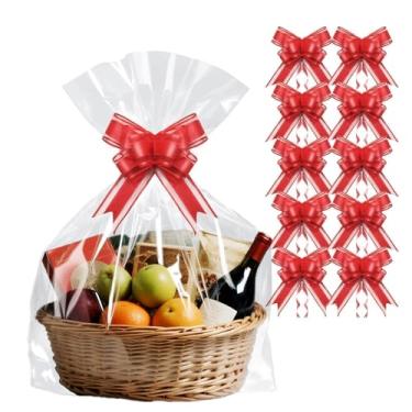 Imagem de PigPotParty Pacote com 10 sacos de celofane com 10 laços, embalagem grande de celofane de 61 cm x 76 cm para cestas de presente, sacos de presente de plástico transparente resistente a rasgos para chá