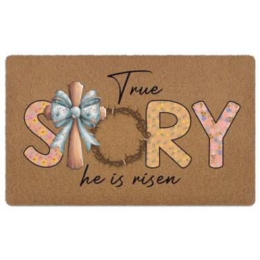 Imagem de huester Tapete de porta de boas-vindas da Páscoa cristã, versículo bíblico He is Risen Religioso Páscoa Decorativo para casa, ambientes externos, alpendre, entrada externa, capacho de boas-vindas, 43
