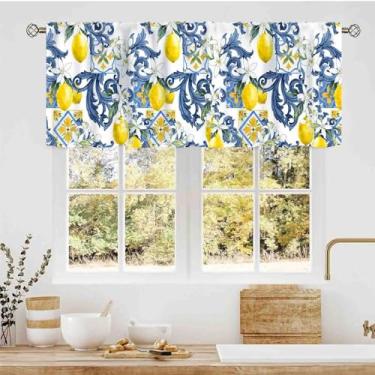 Imagem de TKUYO Cortinas de cozinha com limão amarelo, vintage, vintage, frutas de verão, azul, Itália, azulejos, estoapilheiras, varão, bolso para varão, janela pequena, cortinas para café, sala de estar