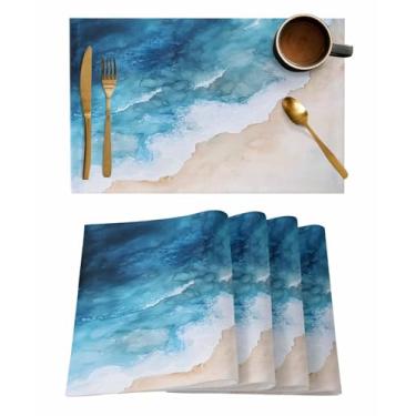 Imagem de Ianokkcant Jogo americano azul costeiro, conjunto de 4, tapetes de mesa laváveis de verão para praia, mesa de jantar de linho para cozinha, ondas à beira-mar, oceano, náutico, lavável, para festa