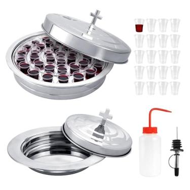 Imagem de Conjunto de bandeja de comunhão de aço inoxidável para igreja – 1 bandeja de vinho de comunhão com 1 tampa e 1 prato de pão com tampa, inclui 100 copos descartáveis, enchimento de copos