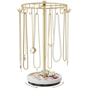 Imagem de NiHome Suporte giratório de 360°, organizador de joias de metal de 24 ganchos com bandeja de base de madeira, exibição sem emaranhados para colares, pulseiras, brincos e acessórios, ideal para