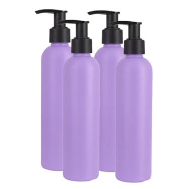 Imagem de MOXMAR Pacote com 4 frascos de PEAD de 250 ml com bomba de creme preto + 2 funis e etiquetas | Frascos dispensadores de plástico recarregáveis para loção e uso diário, Garrafa de lavanda + bomba preta