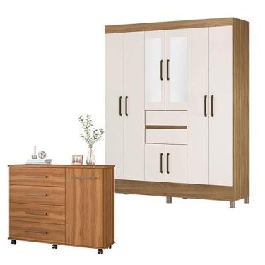 Imagem de Cômoda Flora e Guarda Roupa Casal Munique Amêndola Off White com Espelho - Demóbile