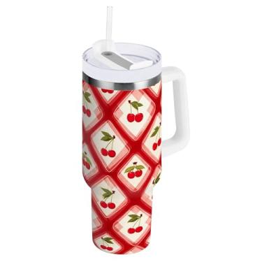 Imagem de SEHANY Copo de cereja fofo de 1,134 g com alça, copo isolado de aço inoxidável de parede dupla, à prova de vazamento, caneca de café isolada para viagem, cabe no suporte de copo de carro