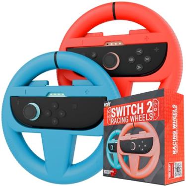 Imagem de Orzly Steering Wheels Compatible with Switch 2 (2025 Console) – Twin Pack Racing Wheel Accessories for Joy Con Controllers and Kart Racing Titles (1 Red, 1 Blue)