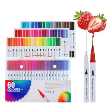 Imagem de Caneta Brush Pen Ponta Dupla Kit 12/24 Cores 2 em 1, Pontas Pincel e Fina, Canetinha Colorida para Lettering, Escolar, Desenho, Caligrafia, para Colorir e Detalhes (60)