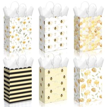 Imagem de Kolldenn 24 sacos de presente de abelha com alças de flores silvestres para lembrancinhas de doces e guloseimas recortadas para decoração de aniversário para chá de bebê e chá de noiva (Amarelo)