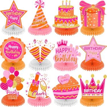 Imagem de 12Pcs Orange Pink Birthday Decorations Honeycomb Centerpieces for Women Girls, Orange Pink Happy Birthday Table Centerpieces for Kids Adults Birthday Gift Table Topper Sign Decor Party Supplies