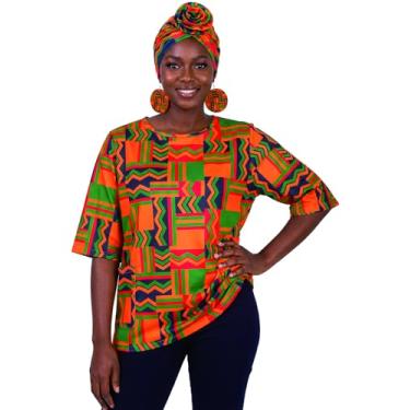 Imagem de Blusa feminina de manga curta africana Dashiki com estampa solta, com bolsos, leve, macia, casual, gola redonda