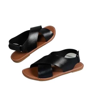Imagem de Sandálias femininas de verão sandálias planas femininas de couro sintético macio sandálias de verão sapatos de praia femininos (preto, médio)