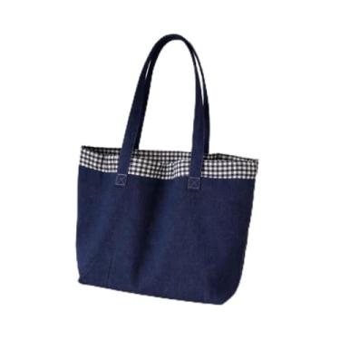 Imagem de Bolsa feminina jeans para transporte de ombro com detalhes xadrez, leve, grande capacidade, bolsa de trabalho, Preto
