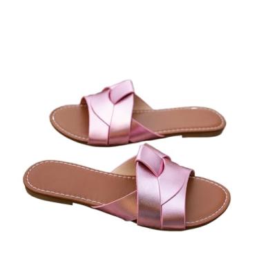 Imagem de Sandálias rasteiras de verão cor sólida bico aberto chinelos de praia femininos plus size slides (rosa, médio)