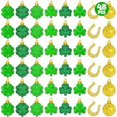 Imagem de 48 peças de decorações para o dia de São Patrício, trevo de quatro folhas, moedas de ouro, decorações de trevo de ferradura, decoração de festival irlandês, enfeites de dia de São Patrício para mesa