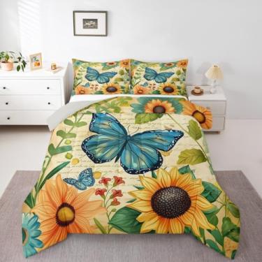 Imagem de Erosebridal Conjunto de cama de casal com borboleta azul, casa de fazenda, girassol, retrô, botânico, jardim, floral, rústico, vintage, macio, quente, amarelo e azul