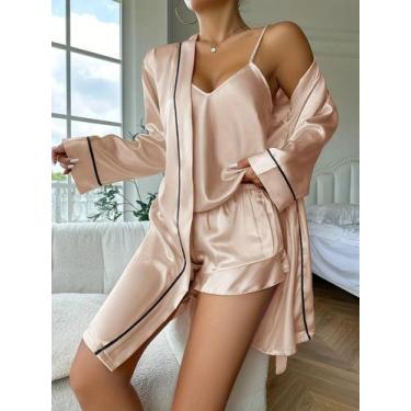 Imagem de Conjunto De Pijama Feminino De Cetim 3 Peças: Camisola, Shorts E Robe 