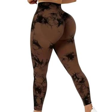 Imagem de tincolia Meia-calça feminina tie dye leggings cintura alta levanta bumbum controle de barriga push up sem costura calças de ioga treino - marrom-G