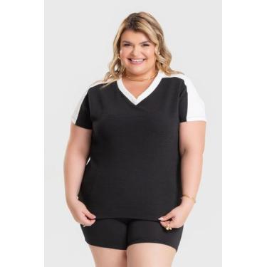 Imagem de Blusa Feminina Plus Size Decote V Detalhe Mangas E Gola - Serena, Pret