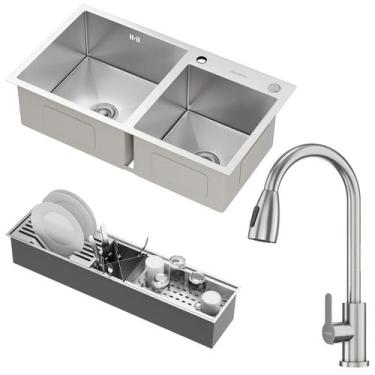 Imagem de Kit Cuba Dupla Nápoles Aço Inox 304 com Calha Organizadora Aço Inox e 