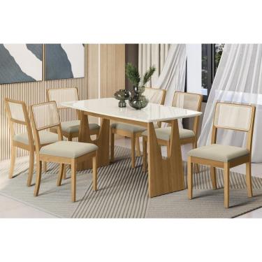 Imagem de Conjunto Mesa Mila Premium Madeira Maciça c/ Tampo Madeirado c/ Vidro 170x90cm e 6 Cadeiras Lola Carvalho/Off White - Linho Bege Argila Kappesberg