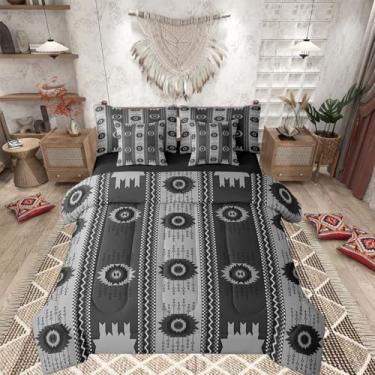 Imagem de Feelyou Conjunto de edredom boêmio asteca do sudoeste com 7 peças, tamanho queen, ocidental, nativo americano, para crianças, meninos, meninas, preto, cinza, sudoeste, decoração de quarto de