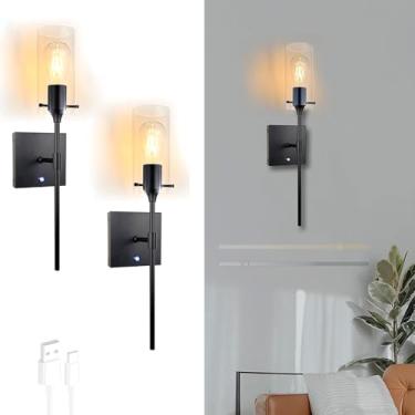 Imagem de GZZBMY Lâmpada de parede LED bateria sem fio preto metal iluminação de parede interruptor de toque regulável luzes de parede de vidro sombra para sala de estar escada quarto cabeceira (A, 2 peças)