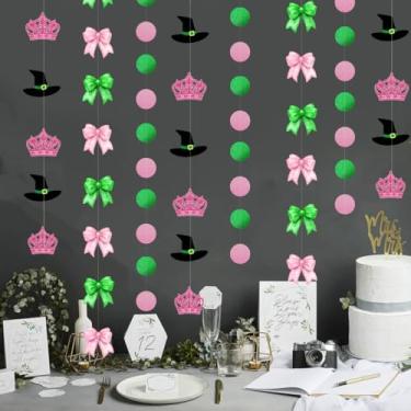 Imagem de Vomika 3 peças de decoração para festas com chapéu de bruxa e coroa, faixa com laços rosa e verde para princesas, guirlanda rosa com glitter e pontos verdes, serpentinas com tema mágico para suprimentos de aniversário de bruxas para meninas