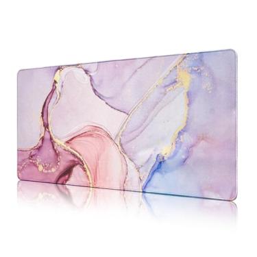Imagem de Tapete de mouse grande de mármore rosa com bordas costuradas, tapete de mesa para jogos, grosso e impermeável, 80 cm x 39,9 cm, protetor de laptop para desktop, base antiderrapante de 4 mm para