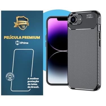 Imagem de Capa Capinha Fibra De Carbono Para iPhone 16e Case Anti Impacto Fosca (preto, iPhone 16e, Kit com Película de Vidro)