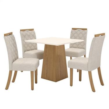 Imagem de Mesa De Jantar Dora 90cm Canto Reto Sem Vidro Nature Off White Com 4 Cadeiras Bella Linho - Henn