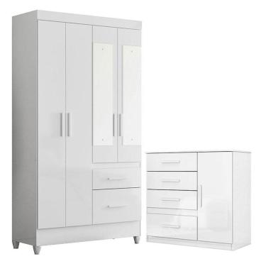 Imagem de Guarda Roupa Solteiro Madri Com Espelho E Cômoda Vênus Branco Flex - Moval