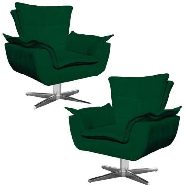 Imagem de Kit 2 Poltronas Decorativas Base Giratória Cromada Charger Suede Verde G19 - Gran Belo