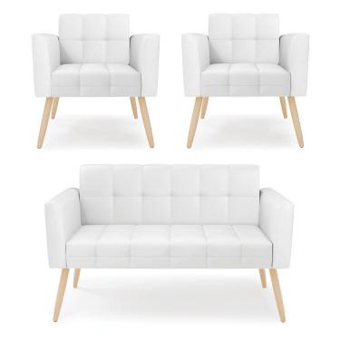 Imagem de Kit 1 Sofá Namoradeira E 2 Poltronas Elisa Corino Branco Pés Palito Natural - D'rossi