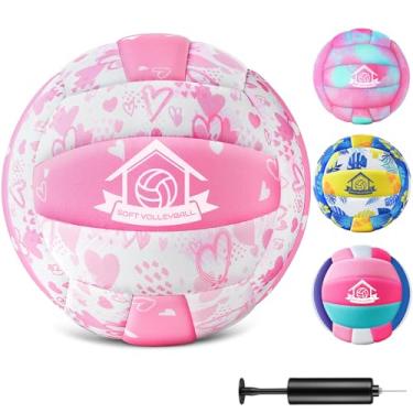 Imagem de Bola de vôlei de interior macia, capa acolchoada para crianças e jovens, vôlei de interior silencioso com bomba para jogos e prática em casa, bola leve oficial tamanho 5 para iniciantes, corações rosa