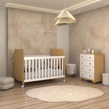 Imagem de Quarto de Bebê Completo Sueño Cômoda 4 Gavetas 100% Mdf Branco Brilho/Amêndoa - Panorama Móveis