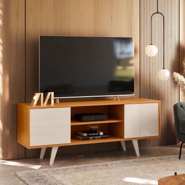Imagem de Rack Bancada Lisboa Com 2 Portas Deslizantes E Espaço Para Tv De Até 50 - Pallazio Cor Cinamomo E Off White