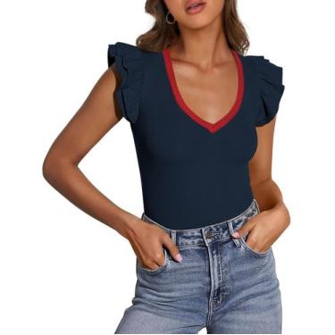 Imagem de Blusa Feminina PRETTYGARDEN Decote V com Babados Azul Marinho M