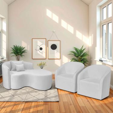 Imagem de Kit Recamier Curvo Sala De Estar Inglaterra 150cm Lado Direito E 2 Poltronas Orgânica Luxo Luiza Max Bouclé Branco